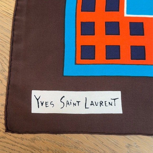 Vintage Yves Saint Laurent silk orange, brown, blue square scarf - Picture 4 of 7